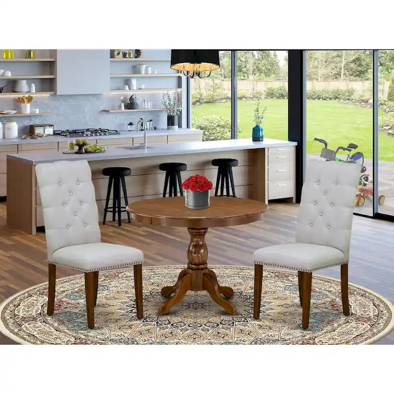 Ensemble de salle à manger 3 pièces comprenant une table à manger ronde et 2 chaises Parson en tissu de lin, (Options de finition)