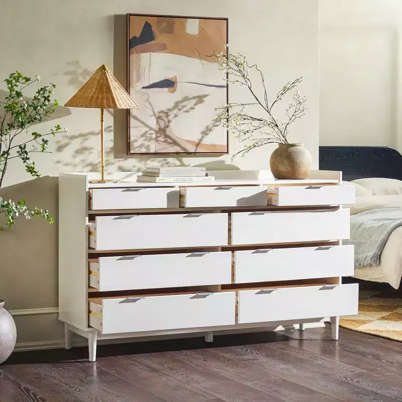 Commode horizontale à 9 tiroirs Saracina Home en bois massif de style Mid-century Modern