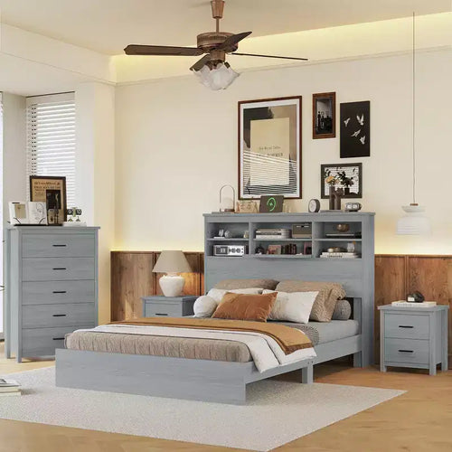 4-Piece Bedroom Sets, Queen Size Vintage Wooden Bed Frame with 2 Nightstands and 1 Dresser 4Q - ModernLuxe