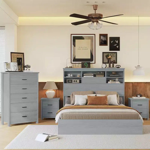 Ensembles de chambre à coucher 4 pièces, lit double en bois de style vintage avec 2 tables de chevet et 1 commode 4Q - ModernLuxe