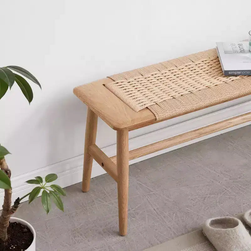 Banc Tressé, Banc de Salle à Manger en Chêne Massif avec Design Rustique Tressé à la Main, Long Banc Banc de Cuisine pour Salle à Manger Chambre Entrée Salle de Bain