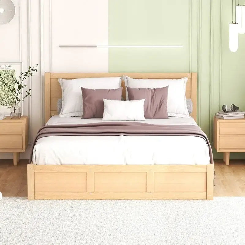 Lit plateforme en bois de taille Queen avec rangement intégré et 2 tiroirs, couleur bois
