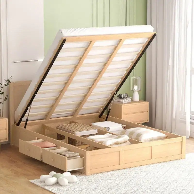 Lit plateforme en bois de taille Queen avec rangement intégré et 2 tiroirs, couleur bois