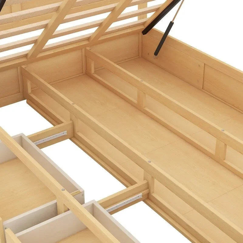 Lit plateforme en bois de taille Queen avec rangement intégré et 2 tiroirs, couleur bois