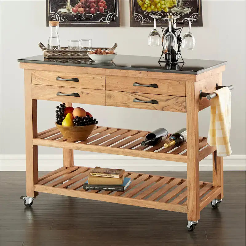 Desserte de cuisine en bois avec 4 tiroirs, 2 étagères, poignées en métal noir et plateau en marbre - Marron - Roche River Decor