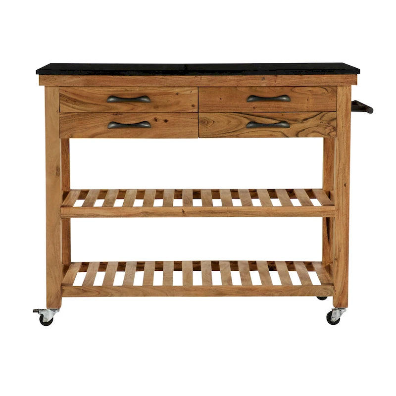Desserte de cuisine en bois avec 4 tiroirs, 2 étagères, poignées en métal noir et plateau en marbre - Marron - Roche River Decor