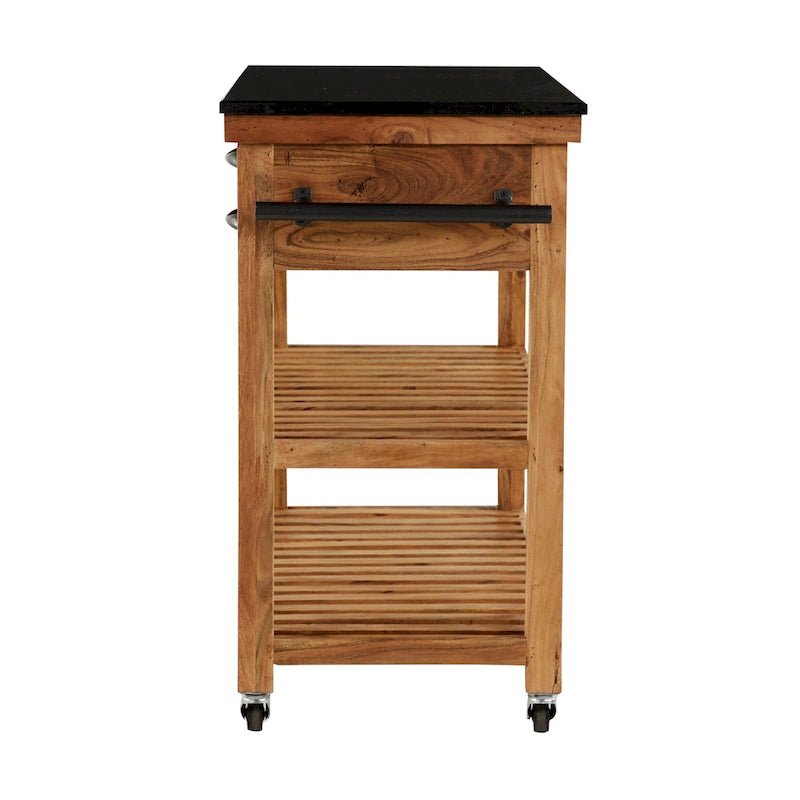 Desserte de cuisine en bois avec 4 tiroirs, 2 étagères, poignées en métal noir et plateau en marbre - Marron - Roche River Decor