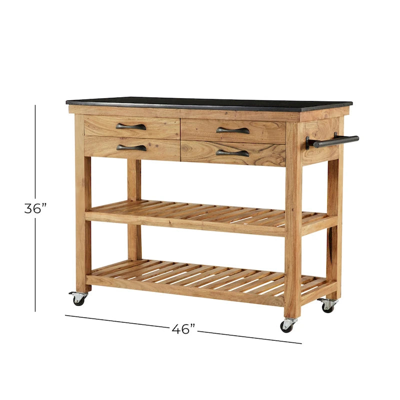 Desserte de cuisine en bois avec 4 tiroirs, 2 étagères, poignées en métal noir et plateau en marbre - Marron - Roche River Decor