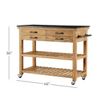 Desserte de cuisine en bois avec 4 tiroirs, 2 étagères, poignées en métal noir et plateau en marbre - Marron - Roche River Decor