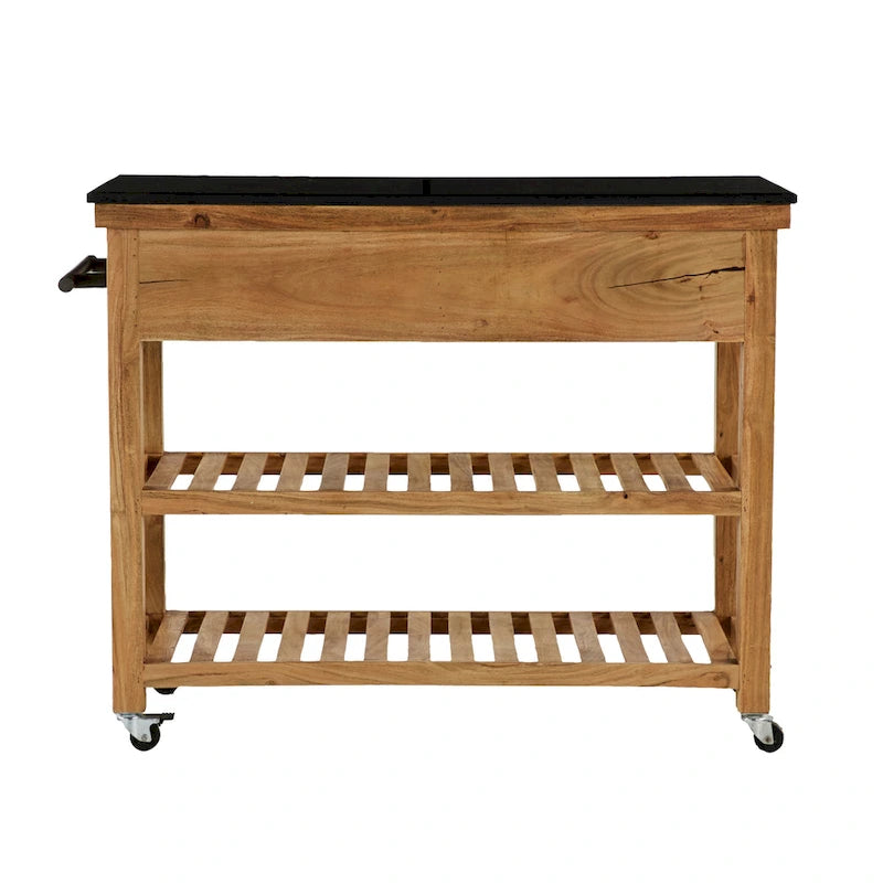 Desserte de cuisine en bois avec 4 tiroirs, 2 étagères, poignées en métal noir et plateau en marbre - Marron - Roche River Decor
