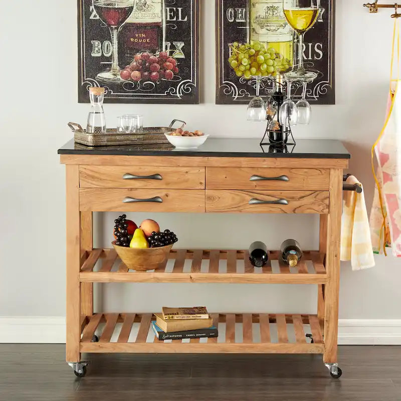 Desserte de cuisine en bois avec 4 tiroirs, 2 étagères, poignées en métal noir et plateau en marbre - Marron - Roche River Decor