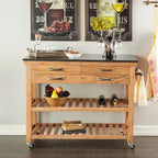 Desserte de cuisine en bois avec 4 tiroirs, 2 étagères, poignées en métal noir et plateau en marbre - Marron - Roche River Decor