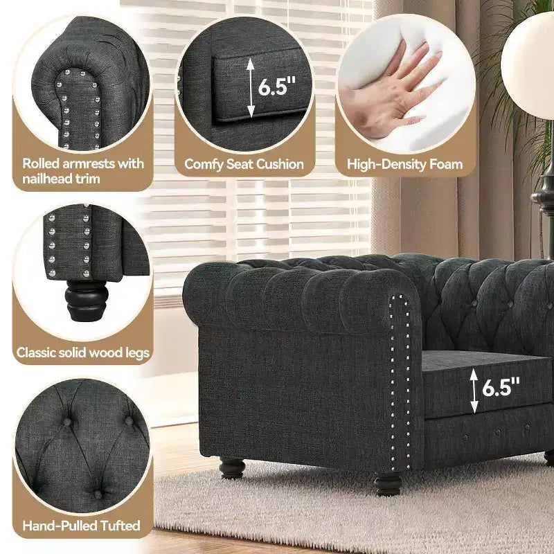 Canapé 3 places en lin Chesterfield 6 places, ensemble canapé et fauteuil, canapé capitonné pour salon - Morden Fort