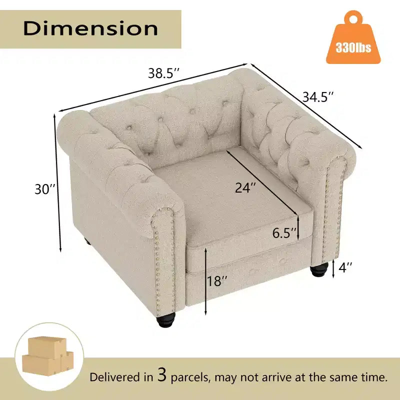 Canapé 3 places en lin Chesterfield 6 places, ensemble canapé et fauteuil, canapé capitonné pour salon - Morden Fort