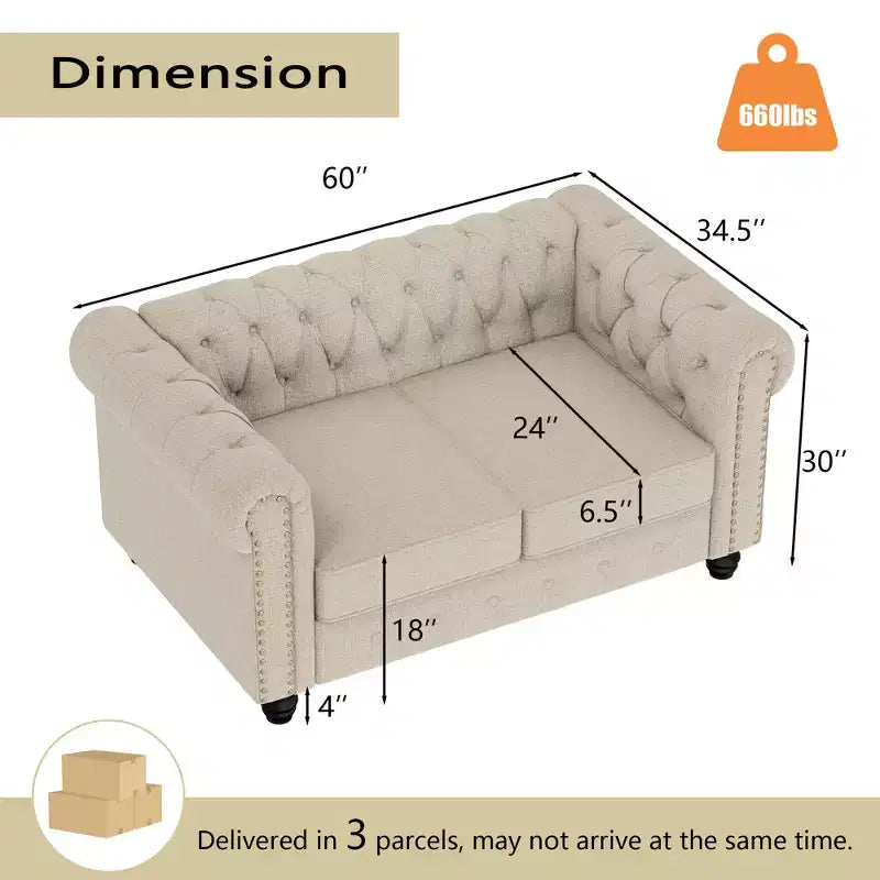 Canapé 3 places en lin Chesterfield 6 places, ensemble canapé et fauteuil, canapé capitonné pour salon - Morden Fort