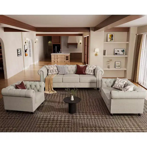 6 Seater 3pcs Linen Chesterfield Couches, Armchair Loveseat Sofa Set Tufted Couch for Living Room -Morden Fort