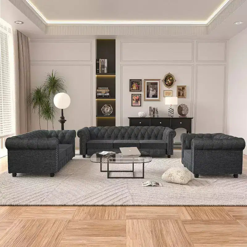 Canapé 3 places en lin Chesterfield 6 places, ensemble canapé et fauteuil, canapé capitonné pour salon - Morden Fort