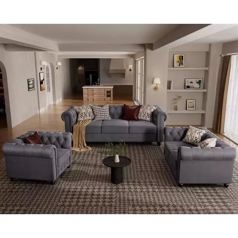 Canapé 3 places en lin Chesterfield 6 places, ensemble canapé et fauteuil, canapé capitonné pour salon - Morden Fort