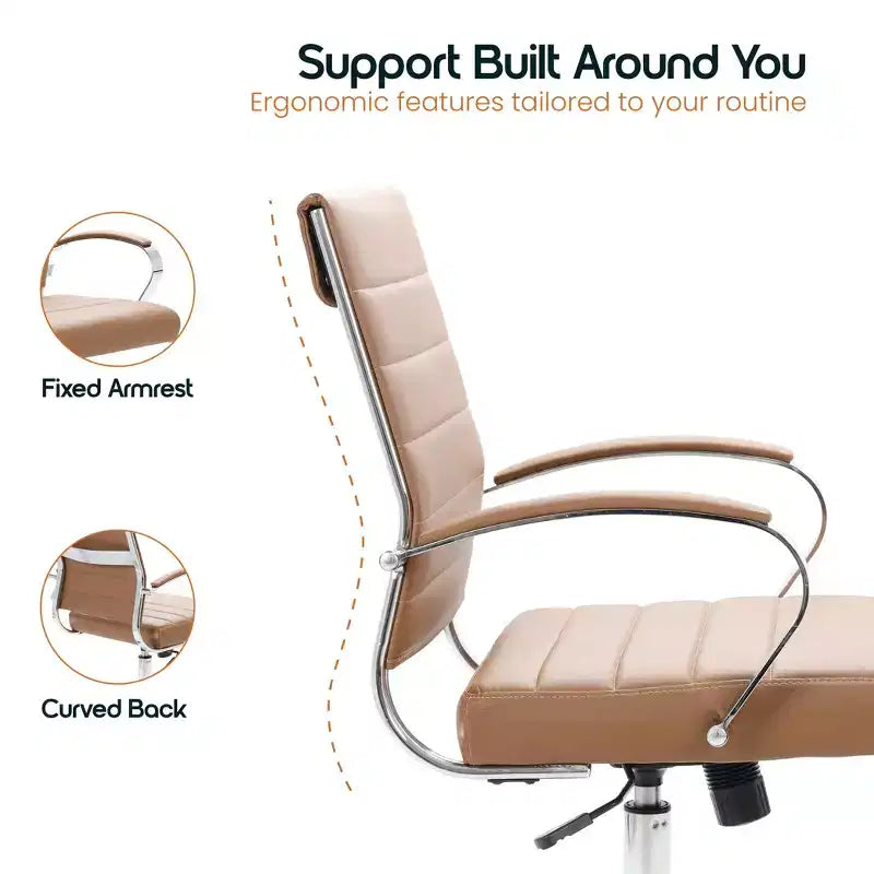Chaise de bureau LeisureMod Benmar en cuir côtelé - Chaise de bureau exécutive pivotante et inclinable de style Mid-Century Modern - Piètement chromé