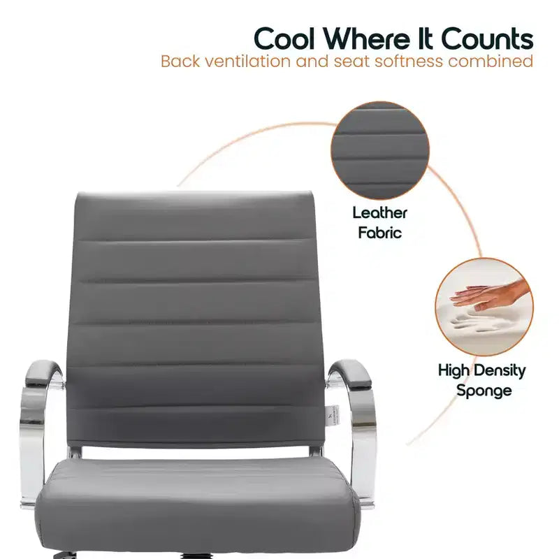 Chaise de bureau LeisureMod Benmar en cuir côtelé - Chaise de bureau exécutive pivotante et inclinable de style Mid-Century Modern - Piètement chromé