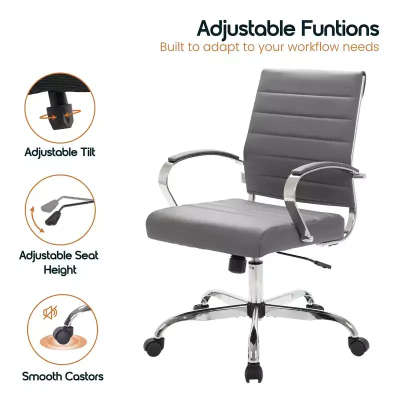 Chaise de bureau LeisureMod Benmar en cuir côtelé - Chaise de bureau exécutive pivotante et inclinable de style Mid-Century Modern - Piètement chromé