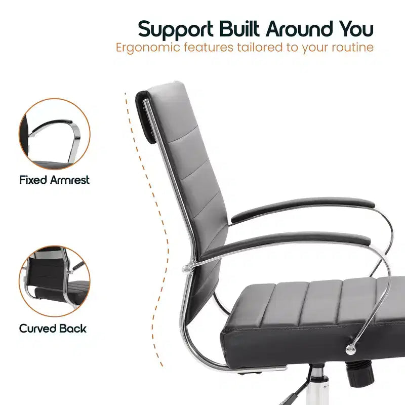 Chaise de bureau LeisureMod Benmar en cuir côtelé - Chaise de bureau exécutive pivotante et inclinable de style Mid-Century Modern - Piètement chromé