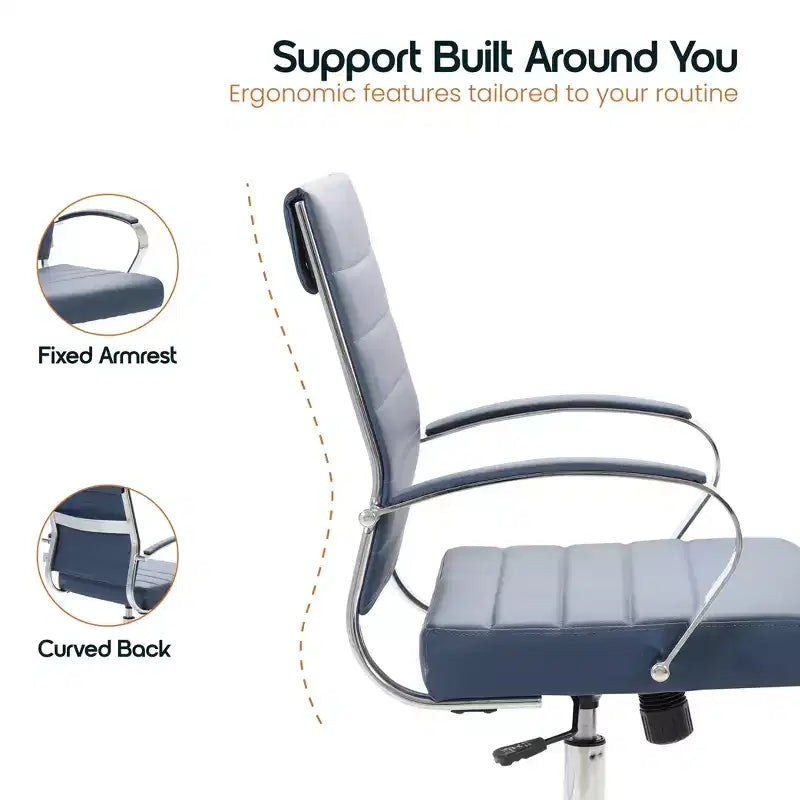 Chaise de bureau LeisureMod Benmar en cuir côtelé - Chaise de bureau exécutive pivotante et inclinable de style Mid-Century Modern - Piètement chromé