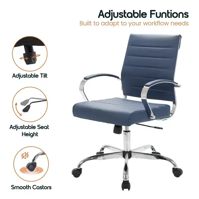 Chaise de bureau LeisureMod Benmar en cuir côtelé - Chaise de bureau exécutive pivotante et inclinable de style Mid-Century Modern - Piètement chromé