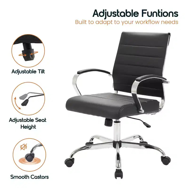 Chaise de bureau LeisureMod Benmar en cuir côtelé - Chaise de bureau exécutive pivotante et inclinable de style Mid-Century Modern - Piètement chromé