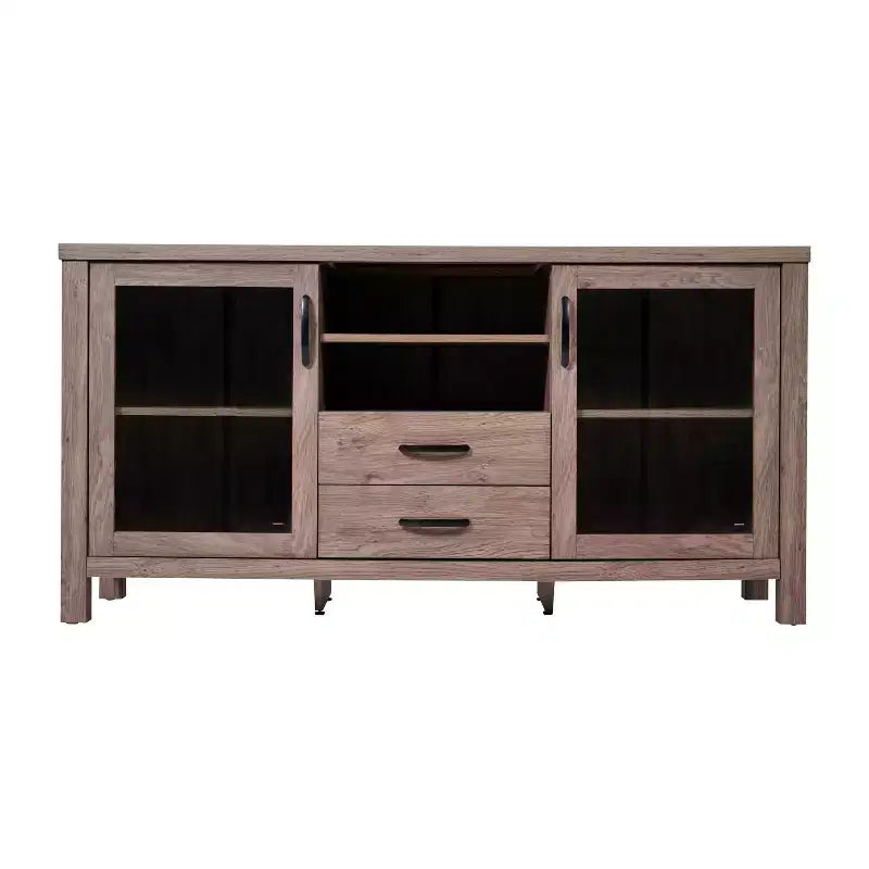 Buffet/Bahut de Rangement en Bois Manufacturé Emma et Oliver pour Cuisine/Salle à Manger avec Étagère Ouverte, 2 Tiroirs et 2 Portes en Verre Trempé