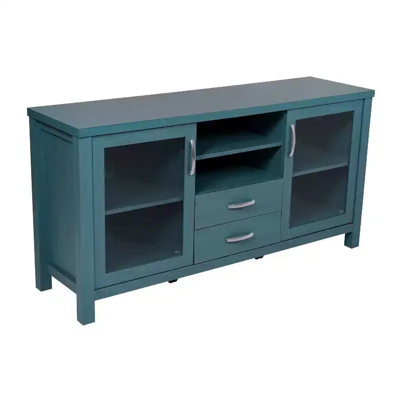 Buffet/Bahut de Rangement en Bois Manufacturé Emma et Oliver pour Cuisine/Salle à Manger avec Étagère Ouverte, 2 Tiroirs et 2 Portes en Verre Trempé