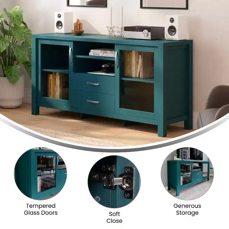 Buffet/Bahut de Rangement en Bois Manufacturé Emma et Oliver pour Cuisine/Salle à Manger avec Étagère Ouverte, 2 Tiroirs et 2 Portes en Verre Trempé