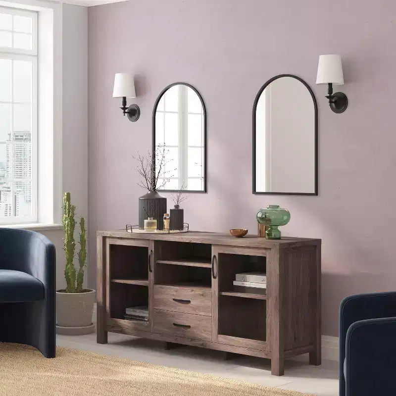 Buffet/Bahut de Rangement en Bois Manufacturé Emma et Oliver pour Cuisine/Salle à Manger avec Étagère Ouverte, 2 Tiroirs et 2 Portes en Verre Trempé