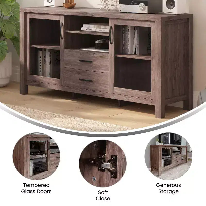 Buffet/Bahut de Rangement en Bois Manufacturé Emma et Oliver pour Cuisine/Salle à Manger avec Étagère Ouverte, 2 Tiroirs et 2 Portes en Verre Trempé