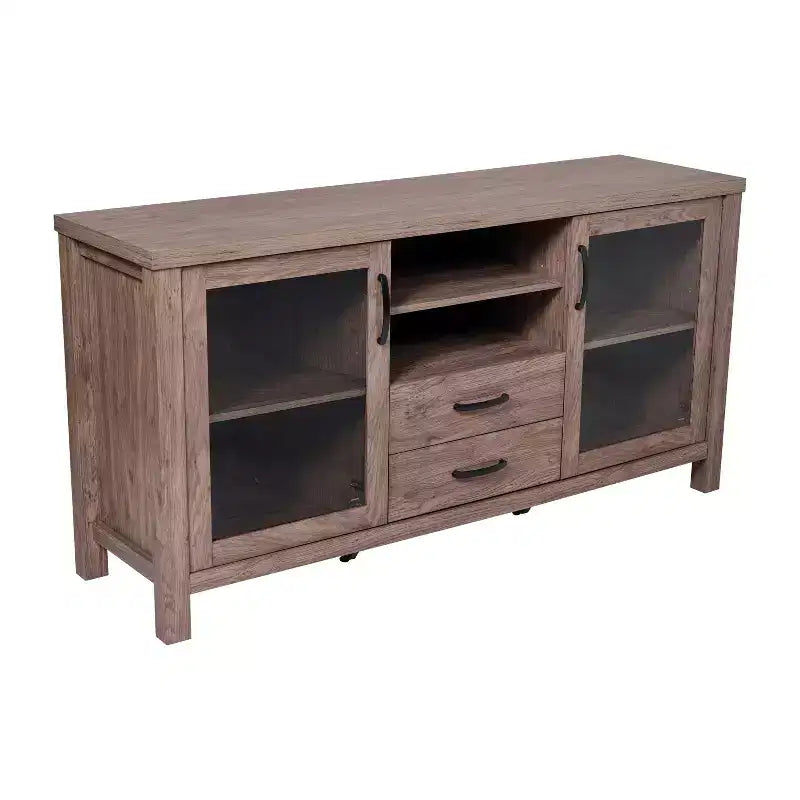 Buffet/Bahut de Rangement en Bois Manufacturé Emma et Oliver pour Cuisine/Salle à Manger avec Étagère Ouverte, 2 Tiroirs et 2 Portes en Verre Trempé