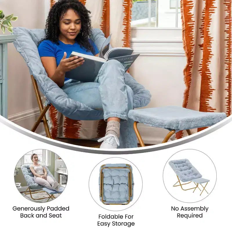 Fauteuil lune pliable et ottoman surdimensionnés Emma et Oliver pour dortoir, chambre à coucher