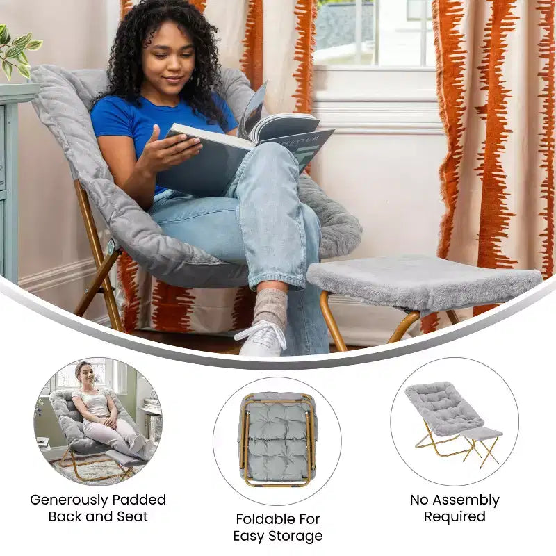 Fauteuil lune pliable et ottoman surdimensionnés Emma et Oliver pour dortoir, chambre à coucher