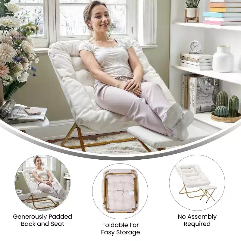 Fauteuil lune pliable et ottoman surdimensionnés Emma et Oliver pour dortoir, chambre à coucher