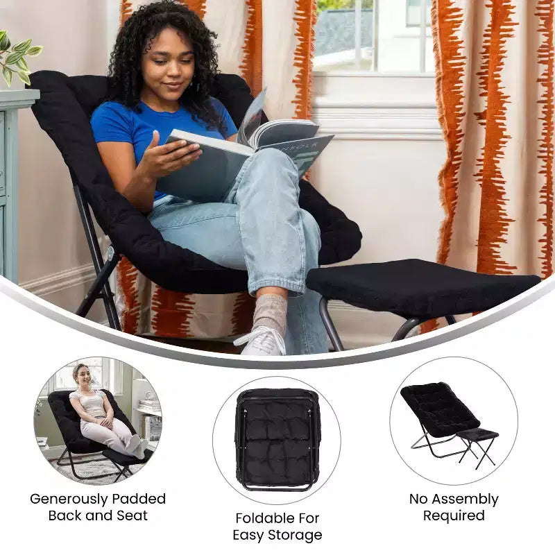 Fauteuil lune pliable et ottoman surdimensionnés Emma et Oliver pour dortoir, chambre à coucher