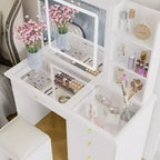 Table de toilette blanche Famapy, élégante coiffeuse, miroir éclairé avec cristaux, commode à plateau en verre