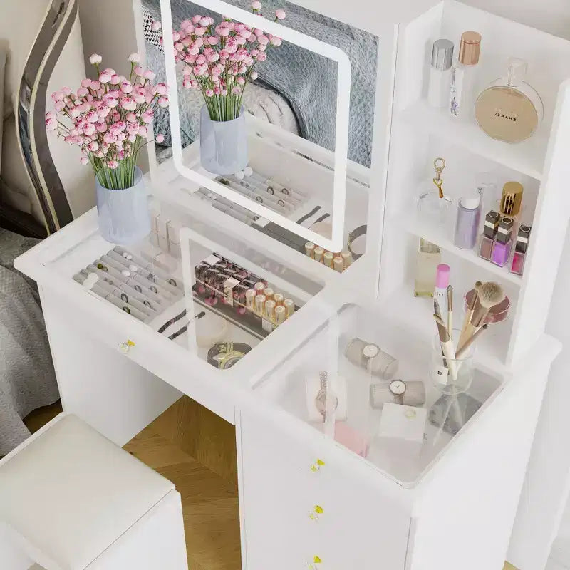 Table de toilette blanche Famapy, élégante coiffeuse, miroir éclairé avec cristaux, commode à plateau en verre