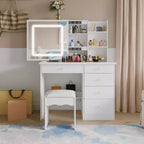 Table de toilette blanche Famapy, élégante coiffeuse, miroir éclairé avec cristaux, commode à plateau en verre