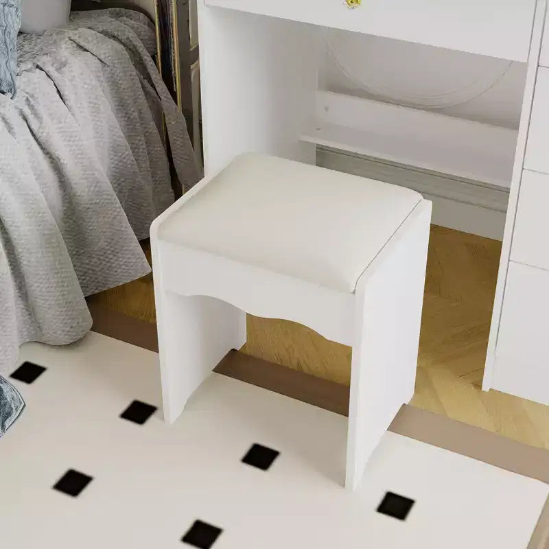 Table de toilette blanche Famapy, élégante coiffeuse, miroir éclairé avec cristaux, commode à plateau en verre