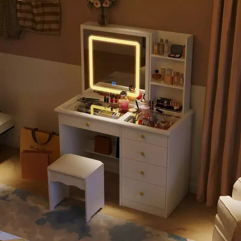 Table de toilette blanche Famapy, élégante coiffeuse, miroir éclairé avec cristaux, commode à plateau en verre