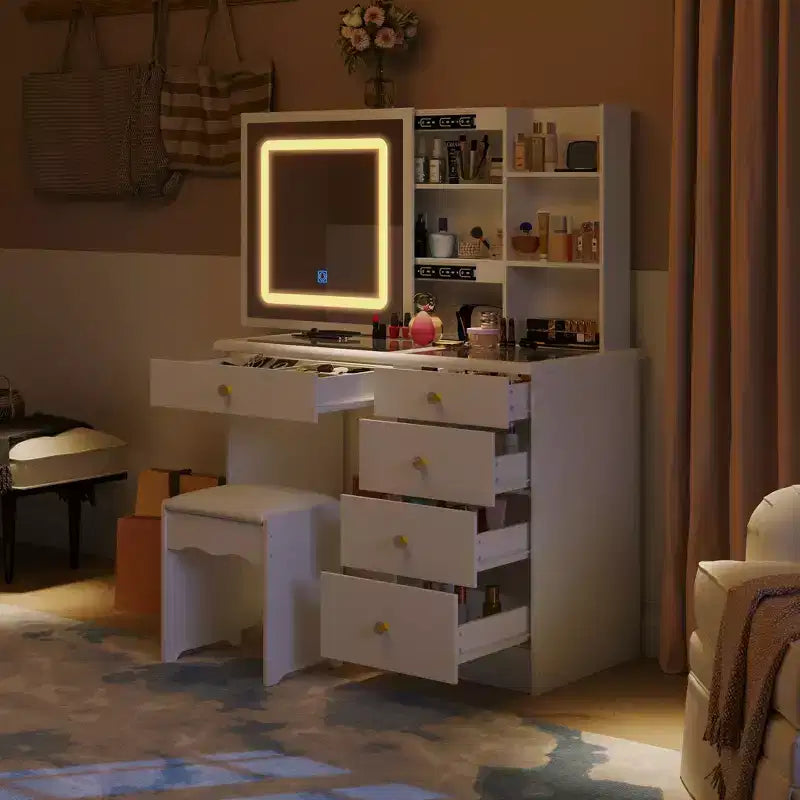 Table de toilette blanche Famapy, élégante coiffeuse, miroir éclairé avec cristaux, commode à plateau en verre