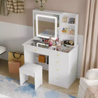 Table de toilette blanche Famapy, élégante coiffeuse, miroir éclairé avec cristaux, commode à plateau en verre