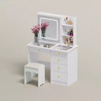 Table de toilette blanche Famapy, élégante coiffeuse, miroir éclairé avec cristaux, commode à plateau en verre
