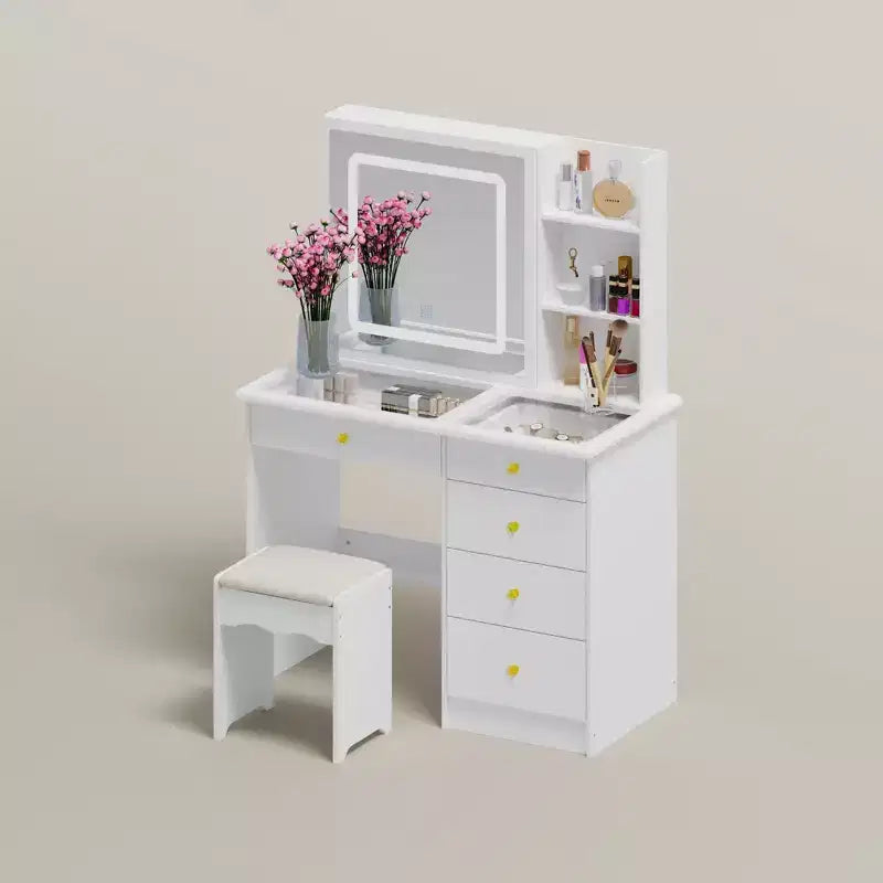 Table de toilette blanche Famapy, élégante coiffeuse, miroir éclairé avec cristaux, commode à plateau en verre