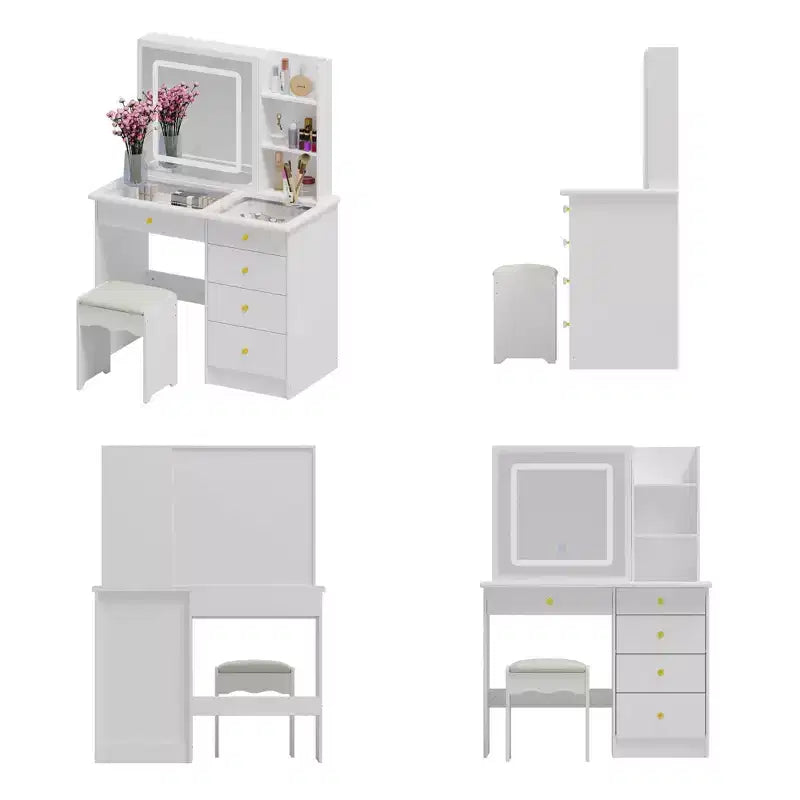 Table de toilette blanche Famapy, élégante coiffeuse, miroir éclairé avec cristaux, commode à plateau en verre