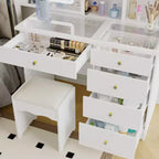 Table de toilette blanche Famapy, élégante coiffeuse, miroir éclairé avec cristaux, commode à plateau en verre